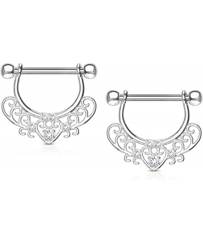 Pair of Surgical Steel 1/2 Inch (12mm) Fancy CZ Heart Filigree D-Ring Dangle Nipple Barbells Silver Tone $10.00 Body Jewelry