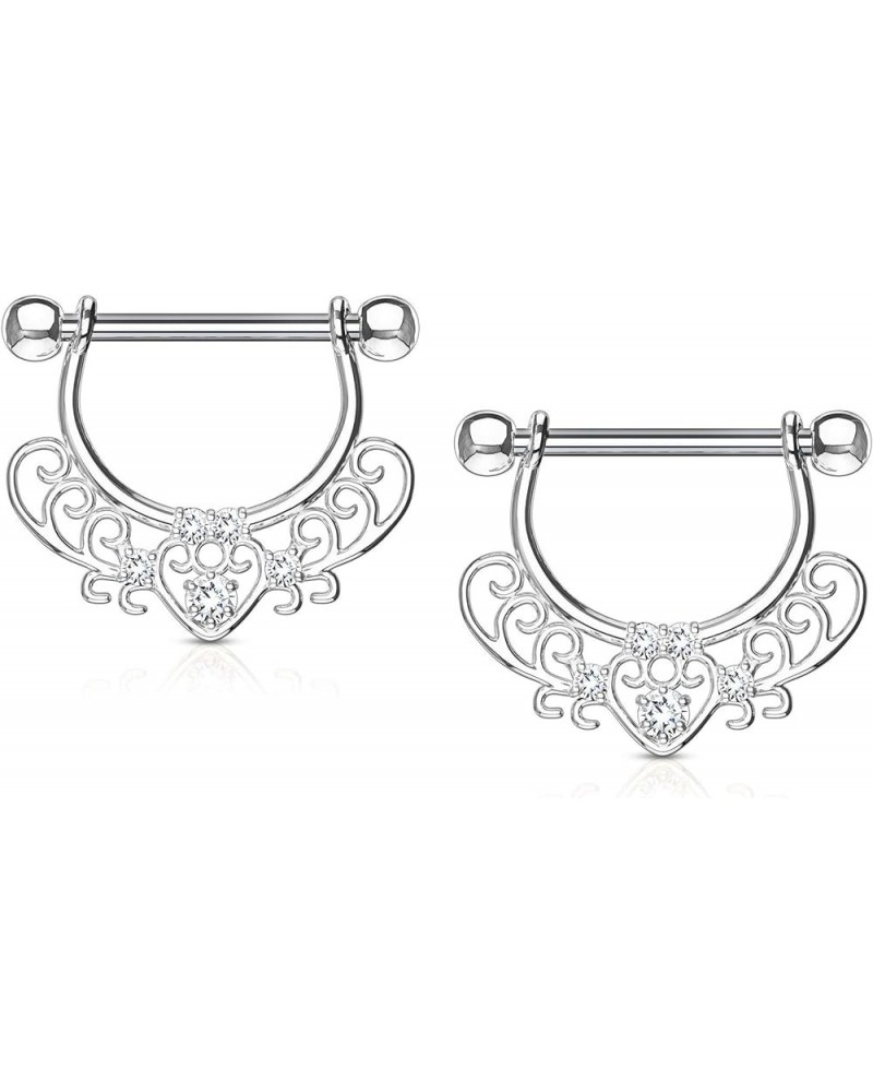 Pair of Surgical Steel 1/2 Inch (12mm) Fancy CZ Heart Filigree D-Ring Dangle Nipple Barbells Silver Tone $10.00 Body Jewelry