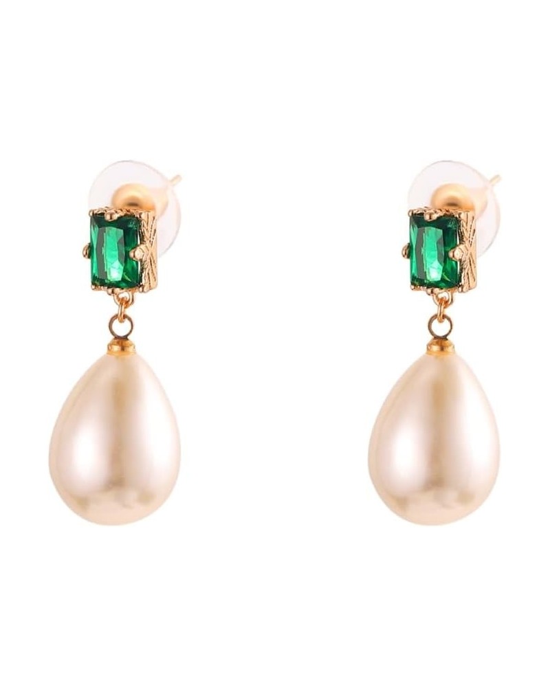 18K Gold Plated Square Emerald Hypoallergenic Pearl Drop Earrings Gold-Tone Fresh Water Cultured Pear Shape Pearl Teardrop Ea...