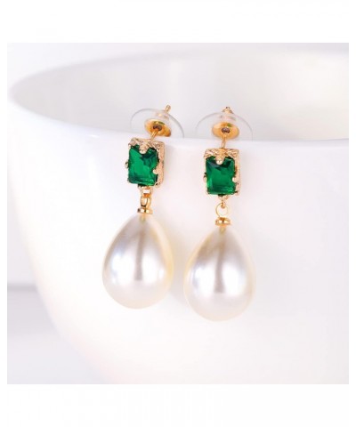 18K Gold Plated Square Emerald Hypoallergenic Pearl Drop Earrings Gold-Tone Fresh Water Cultured Pear Shape Pearl Teardrop Ea...