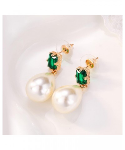 18K Gold Plated Square Emerald Hypoallergenic Pearl Drop Earrings Gold-Tone Fresh Water Cultured Pear Shape Pearl Teardrop Ea...