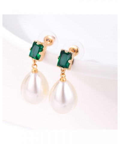 18K Gold Plated Square Emerald Hypoallergenic Pearl Drop Earrings Gold-Tone Fresh Water Cultured Pear Shape Pearl Teardrop Ea...