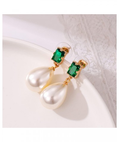 18K Gold Plated Square Emerald Hypoallergenic Pearl Drop Earrings Gold-Tone Fresh Water Cultured Pear Shape Pearl Teardrop Ea...