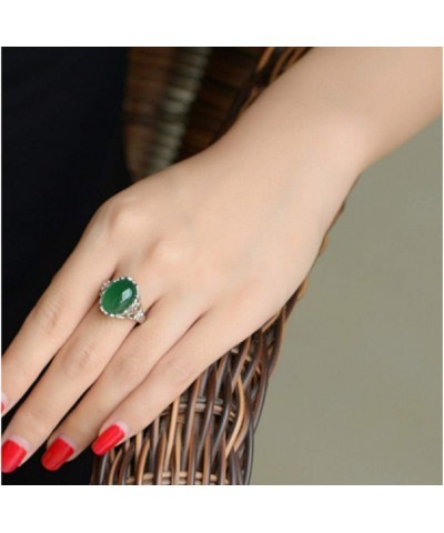 Duan 925 Sterling Silver Green Agate Crystal Ring Emerald Vintage Inlaid Chalcedony Index Finger Opening Adjustable Female Ri...