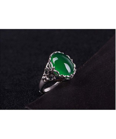 Duan 925 Sterling Silver Green Agate Crystal Ring Emerald Vintage Inlaid Chalcedony Index Finger Opening Adjustable Female Ri...