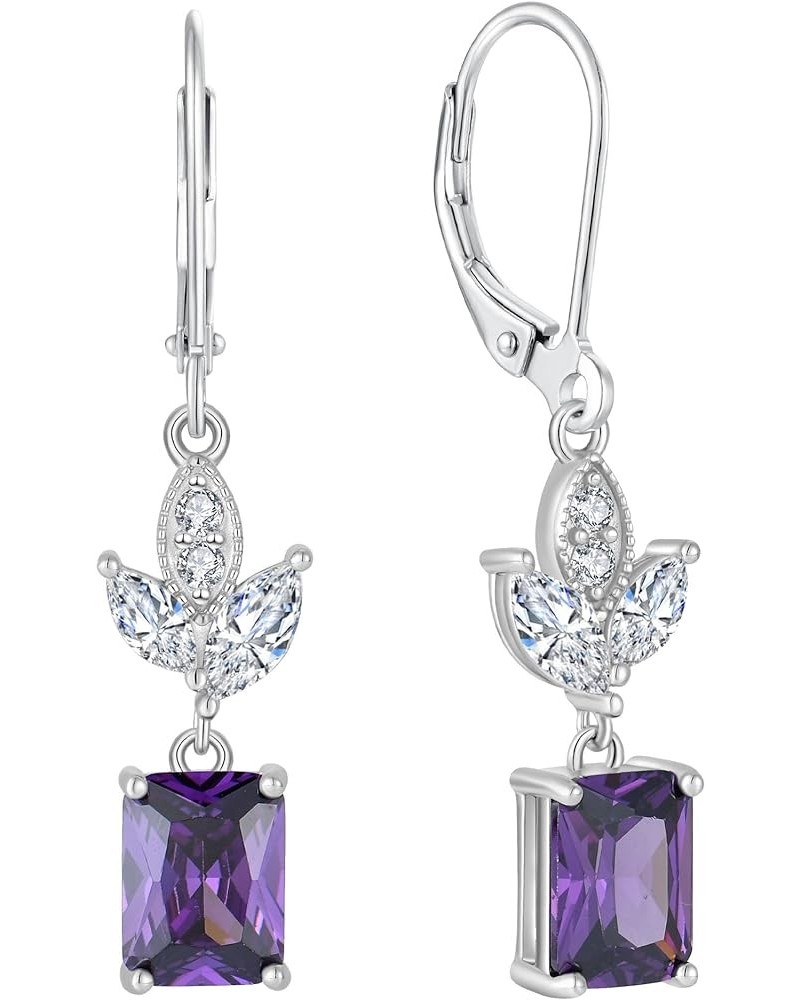 Square Dangle Drop Earrings Sterling Silver Leaf Leverback Earring Birthstone Jewelry for Women 02-amethyst-Feb $26.40 Earrings