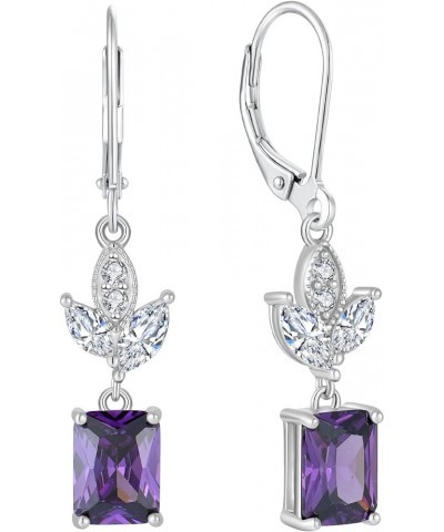 Square Dangle Drop Earrings Sterling Silver Leaf Leverback Earring Birthstone Jewelry for Women 02-amethyst-Feb $26.40 Earrings