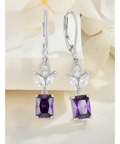 Square Dangle Drop Earrings Sterling Silver Leaf Leverback Earring Birthstone Jewelry for Women 02-amethyst-Feb $26.40 Earrings