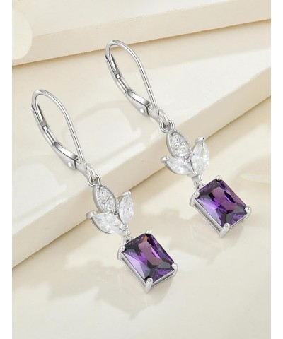 Square Dangle Drop Earrings Sterling Silver Leaf Leverback Earring Birthstone Jewelry for Women 02-amethyst-Feb $26.40 Earrings