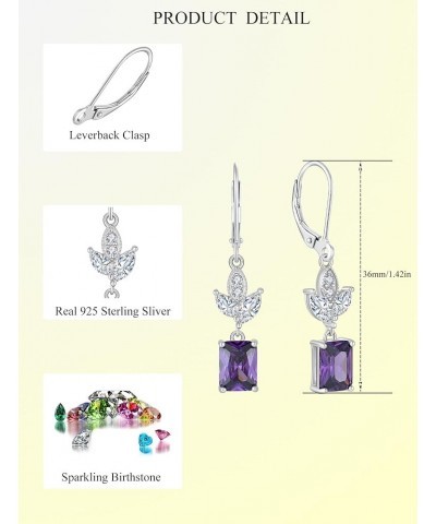 Square Dangle Drop Earrings Sterling Silver Leaf Leverback Earring Birthstone Jewelry for Women 02-amethyst-Feb $26.40 Earrings