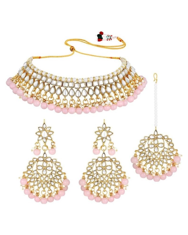 Faux Kundan Beaded Necklace Earrings & Maang Tikka Indian Bollywood Ethnic Jewelry Set For Women Pink-3 $20.34 Jewelry Sets