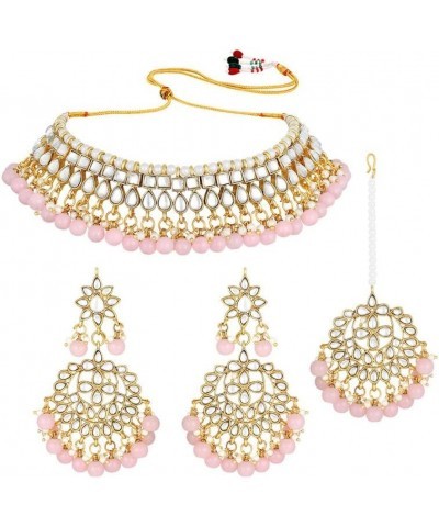 Faux Kundan Beaded Necklace Earrings & Maang Tikka Indian Bollywood Ethnic Jewelry Set For Women Pink-3 $20.34 Jewelry Sets