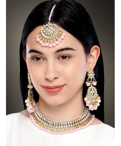 Faux Kundan Beaded Necklace Earrings & Maang Tikka Indian Bollywood Ethnic Jewelry Set For Women Pink-3 $20.34 Jewelry Sets