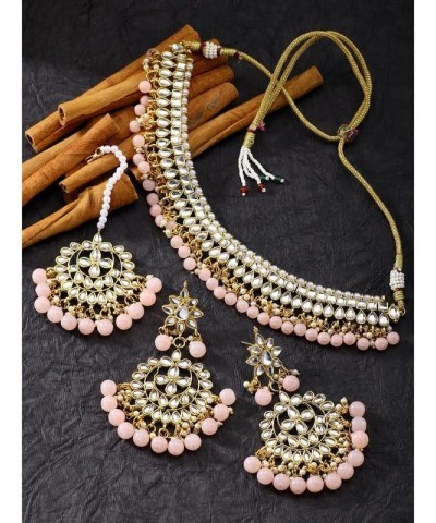 Faux Kundan Beaded Necklace Earrings & Maang Tikka Indian Bollywood Ethnic Jewelry Set For Women Pink-3 $20.34 Jewelry Sets