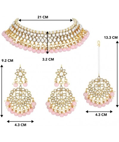 Faux Kundan Beaded Necklace Earrings & Maang Tikka Indian Bollywood Ethnic Jewelry Set For Women Pink-3 $20.34 Jewelry Sets