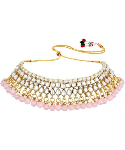 Faux Kundan Beaded Necklace Earrings & Maang Tikka Indian Bollywood Ethnic Jewelry Set For Women Pink-3 $20.34 Jewelry Sets