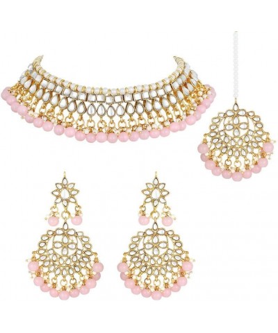 Faux Kundan Beaded Necklace Earrings & Maang Tikka Indian Bollywood Ethnic Jewelry Set For Women Pink-3 $20.34 Jewelry Sets