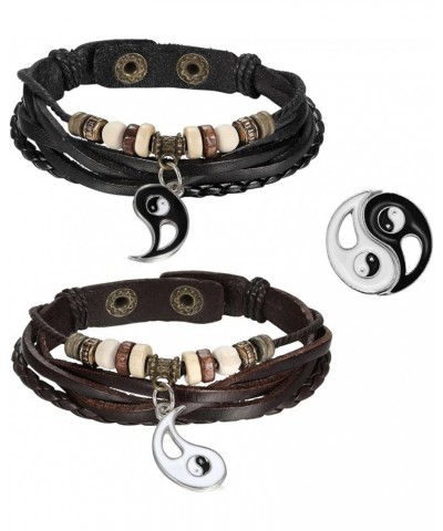 2pcs Mens Womens Adjustable Vintage Leather Braided Yin Yang Pendant Beads Charm Link Bracelet for Couples,Black Brown Ying Y...