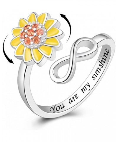 S925 Sterling Silver Fidget Ring for Women Adjustable Open Ring Sunflower You are My Sunshine Spinning Ring Anti Anxiety Stre...