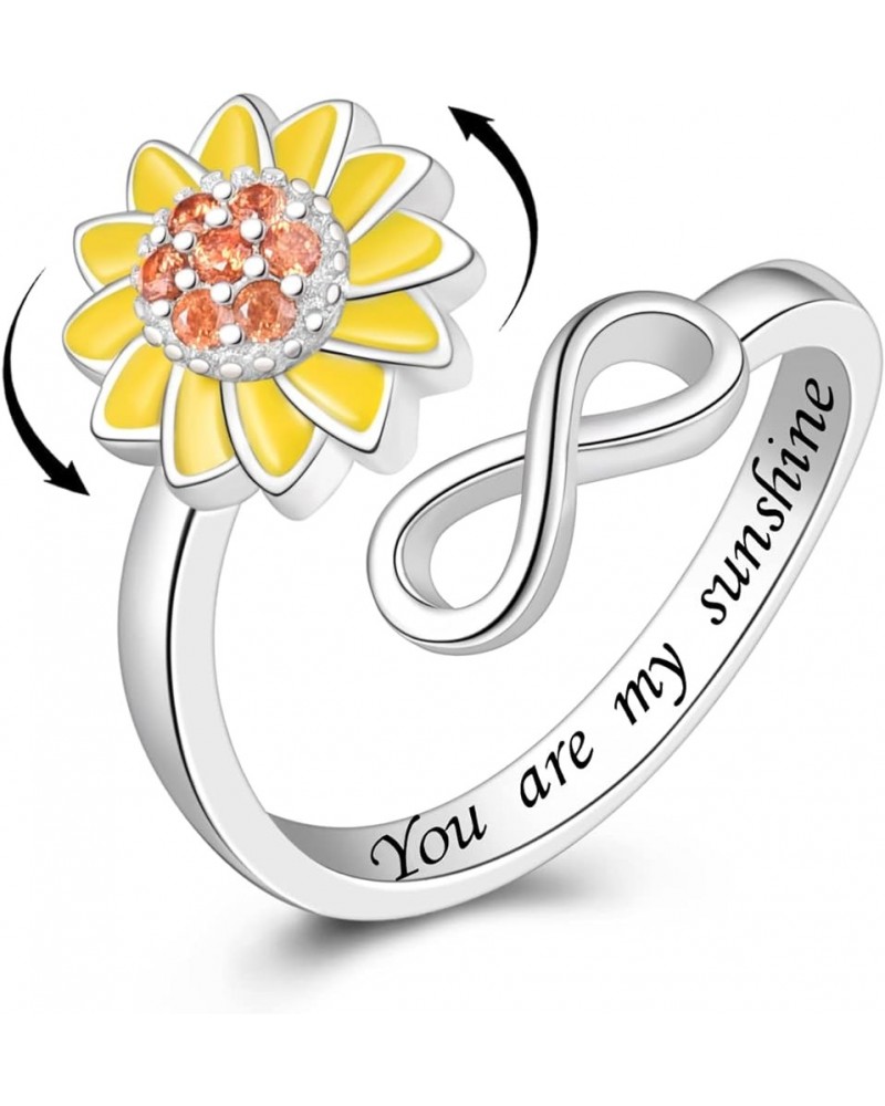 S925 Sterling Silver Fidget Ring for Women Adjustable Open Ring Sunflower You are My Sunshine Spinning Ring Anti Anxiety Stre...