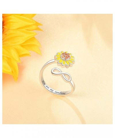 S925 Sterling Silver Fidget Ring for Women Adjustable Open Ring Sunflower You are My Sunshine Spinning Ring Anti Anxiety Stre...