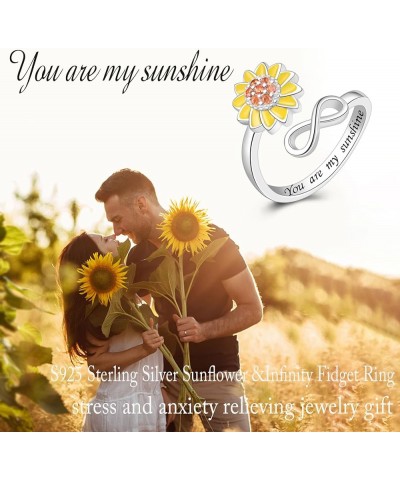 S925 Sterling Silver Fidget Ring for Women Adjustable Open Ring Sunflower You are My Sunshine Spinning Ring Anti Anxiety Stre...