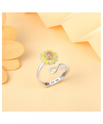 S925 Sterling Silver Fidget Ring for Women Adjustable Open Ring Sunflower You are My Sunshine Spinning Ring Anti Anxiety Stre...