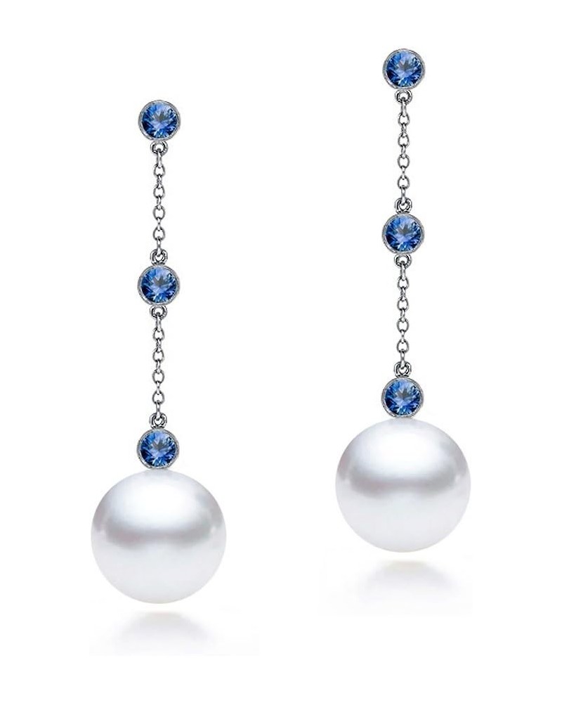 14k White Gold AAAA Quality Japanese Akoya Cultured Pearl Blue Sapphire Dangle Earrings for Women - 7.5-8mm $111.30 Earrings