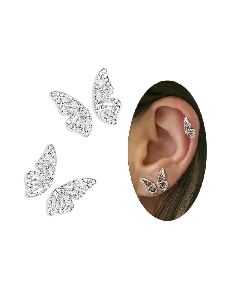 Butterfly Wing Earrings，18K Gold Plated CZ Simulated Diamond Silver Stud Earrings, Tiny Butterfly Cartilage Earrings for wome...