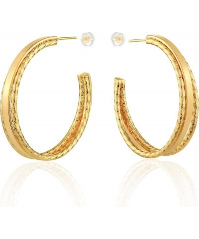 Chunky Open Hoop Earrings for Women 14K Gold Plated Sterling Silver Post Twisted Rope Earring Jewelry Gift Texture-Gold $11.0...