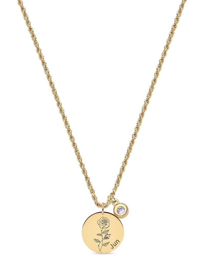 Birth Flower Necklace Gold Coin Stamp Pendant Birthstone 12 Month 18K Gold Vacuum Plated Dainty 2MM Twist Rope Chain Simple P...