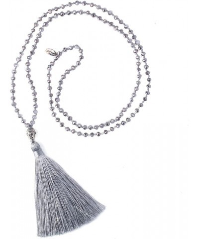 Exclusive Crystal Beaded Necklace Luxury Silver Buddha Head Tassel Long Necklace Gray B $8.21 Necklaces