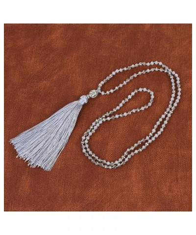 Exclusive Crystal Beaded Necklace Luxury Silver Buddha Head Tassel Long Necklace Gray B $8.21 Necklaces