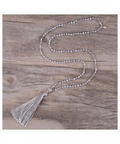 Exclusive Crystal Beaded Necklace Luxury Silver Buddha Head Tassel Long Necklace Gray B $8.21 Necklaces