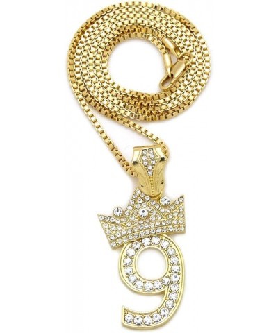 Pave Crown Tilted 1,2,3,4,5,6,7,8,9 Number Pendant 24" Box Chain Necklace in Gold Tone 9 - Gold $13.10 Necklaces