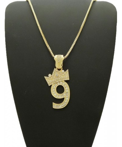 Pave Crown Tilted 1,2,3,4,5,6,7,8,9 Number Pendant 24" Box Chain Necklace in Gold Tone 9 - Gold $13.10 Necklaces