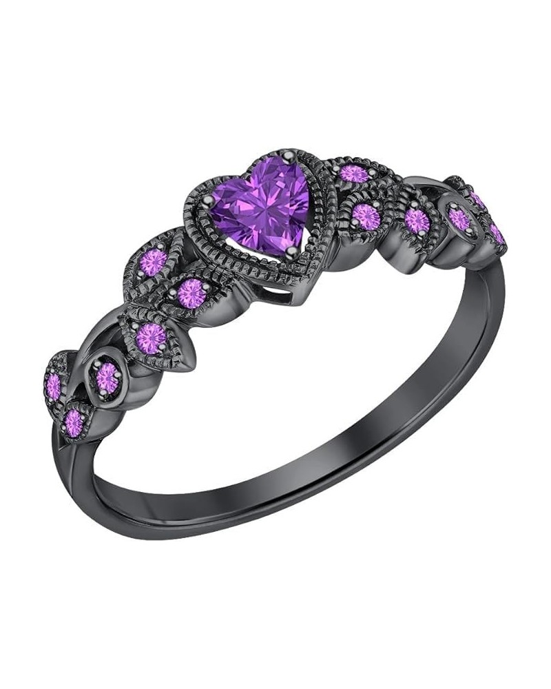 Charming_Creation 2.00 Ctw Heart Cut Amethyst Leaf Style Engagement Wedding Band Ring 14K Black Gold Finish 925 Steling Silve...