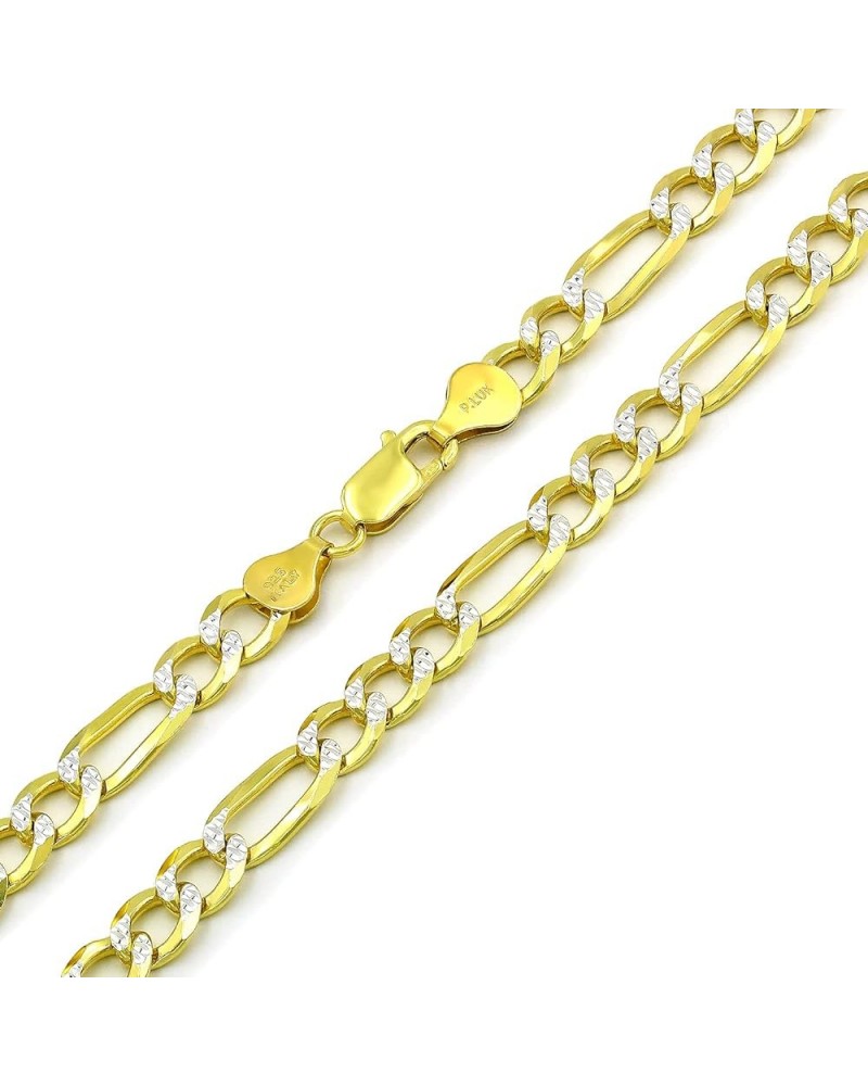 925 Italian Sterling Silver 3mm - 10.5mm Solid Figaro Diamond Cut Chain, ITProLux Yellow Gold Plated Pave Link Necklace or Br...