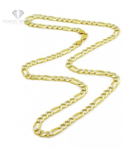 925 Italian Sterling Silver 3mm - 10.5mm Solid Figaro Diamond Cut Chain, ITProLux Yellow Gold Plated Pave Link Necklace or Br...