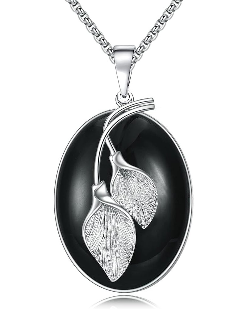 Gemstone Leaf Necklace Stainless Steel Leaf Pendant Oval Gemstone Necklace Jewelry Gifts for Women Girls Black Onyx $9.09 Nec...