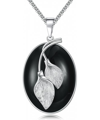 Gemstone Leaf Necklace Stainless Steel Leaf Pendant Oval Gemstone Necklace Jewelry Gifts for Women Girls Black Onyx $9.09 Nec...