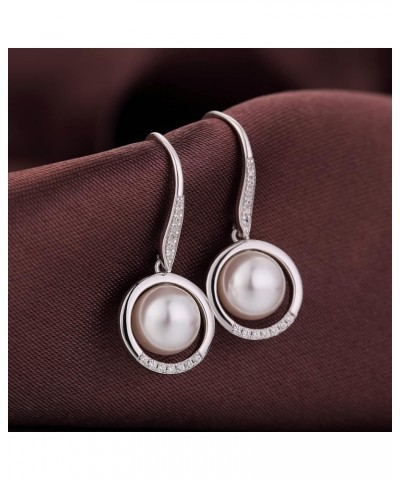 18K White Gold Plated Pearl Hangling Earrings for Women, 925 Sterling Silver Cubic Zirconia Pearl Dangle Drop Earrings with F...