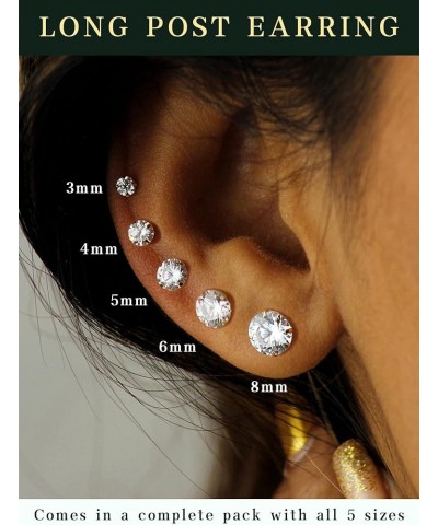 5 Pairs Extra Long Post Earrings 316L Stainless Steel Stud Earrings for Women Hypoallergenic Cubic Zirconia Ear Piercing Stud...