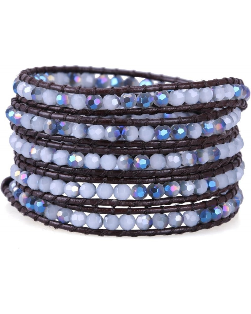 Crystal Gray Beaded 5 Wrap Bracelet On Lvory Leather Handmade Jewelry Blue 86 $19.95 Bracelets