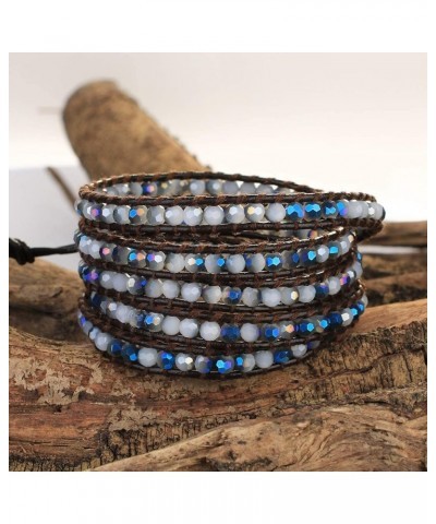 Crystal Gray Beaded 5 Wrap Bracelet On Lvory Leather Handmade Jewelry Blue 86 $19.95 Bracelets