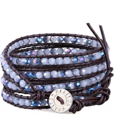 Crystal Gray Beaded 5 Wrap Bracelet On Lvory Leather Handmade Jewelry Blue 86 $19.95 Bracelets