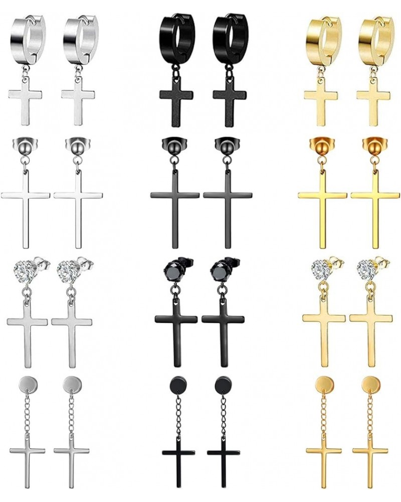 15 Pairs Mens Earrings Cross Earrings for Men Hoop Earrings Dangle Cross Earrings Fake Earrings CZ Stud Earrings for Men Wome...