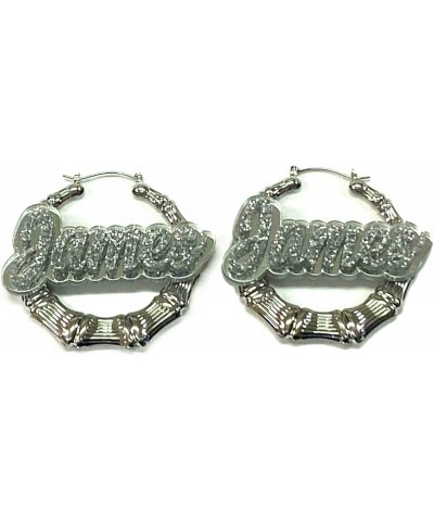 Personalized Custom Silver 2.5 Inch Size Bamboo Earrings Hoop Name Plate Laser Cut Diamond Look Script Cursive Letters Design...