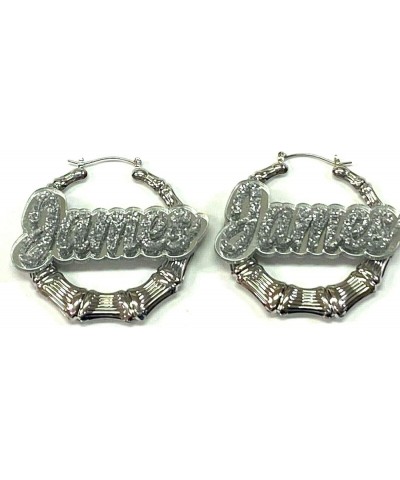 Personalized Custom Silver 2.5 Inch Size Bamboo Earrings Hoop Name Plate Laser Cut Diamond Look Script Cursive Letters Design...