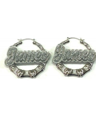 Personalized Custom Silver 2.5 Inch Size Bamboo Earrings Hoop Name Plate Laser Cut Diamond Look Script Cursive Letters Design...